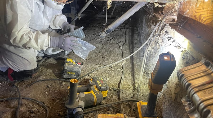 Technician performing foundation bolting work in crawl space during seismic retrofit