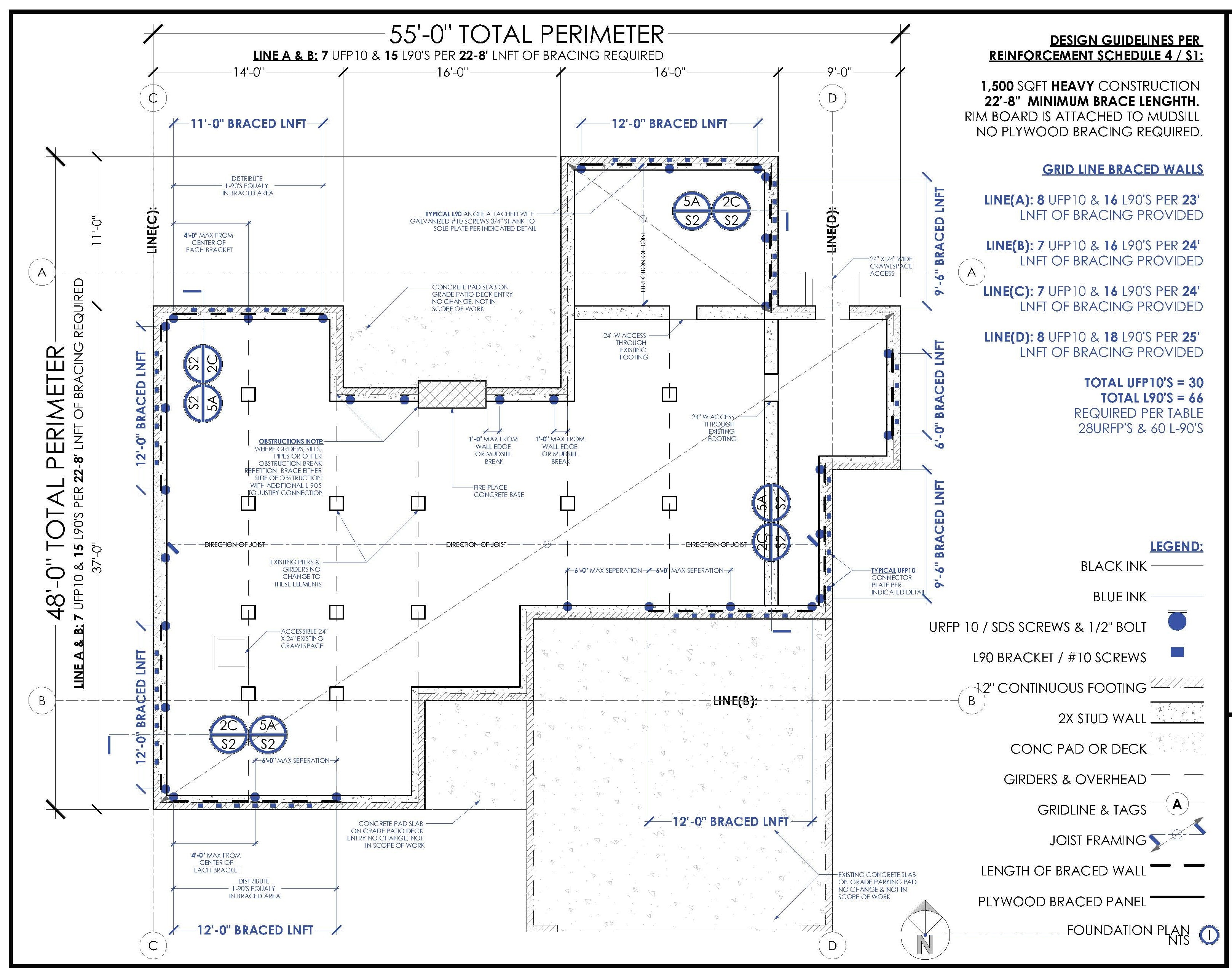 Quake Fix structural drawing set laid out for review — foundation plan, cripple wall elevation, and connection details